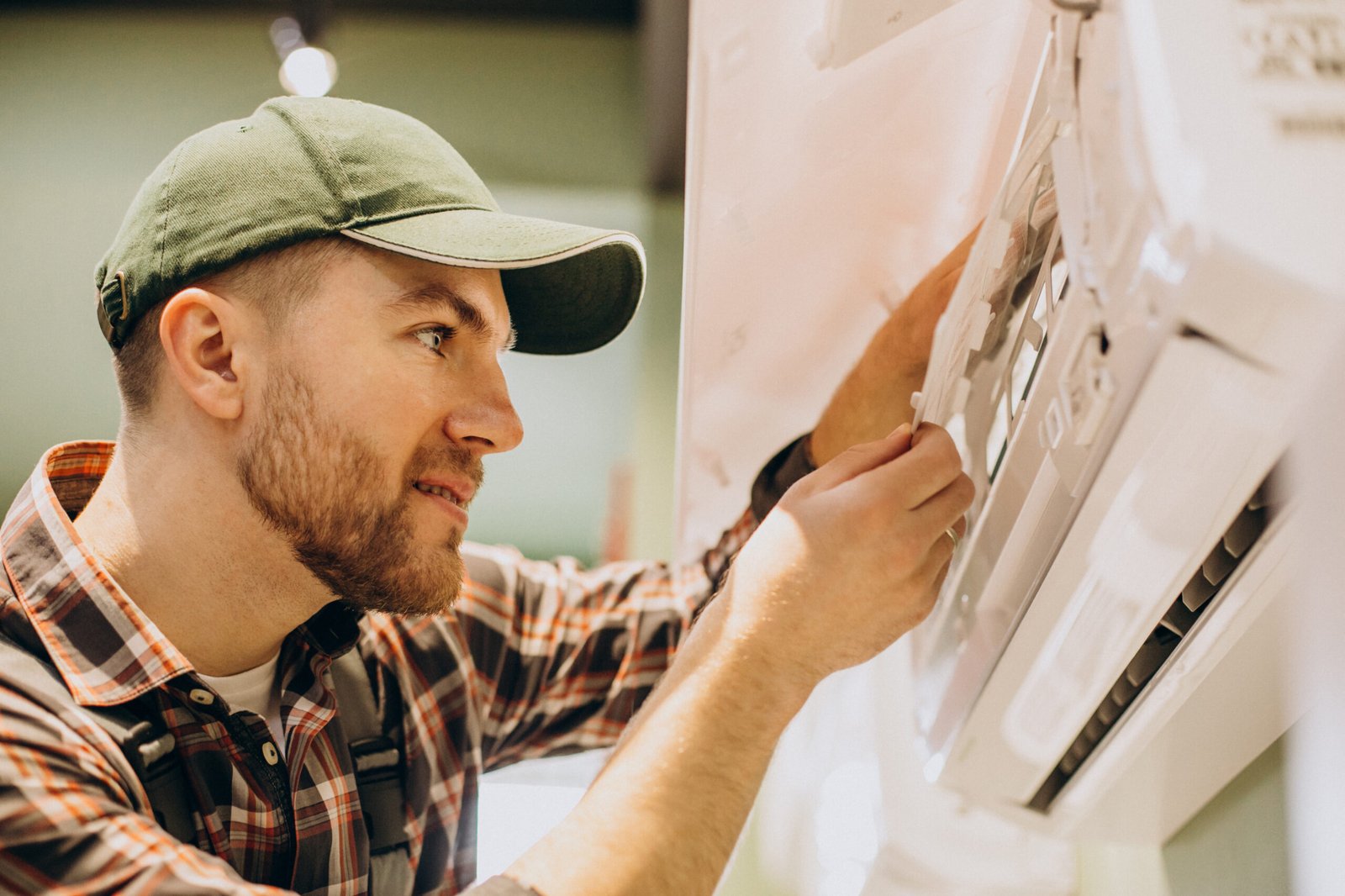 Technician installing a new AC unit in a modern home