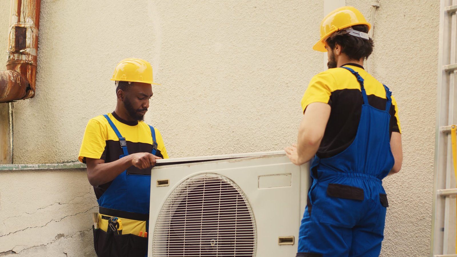 Technician fixing broken AC unit during urgent service call