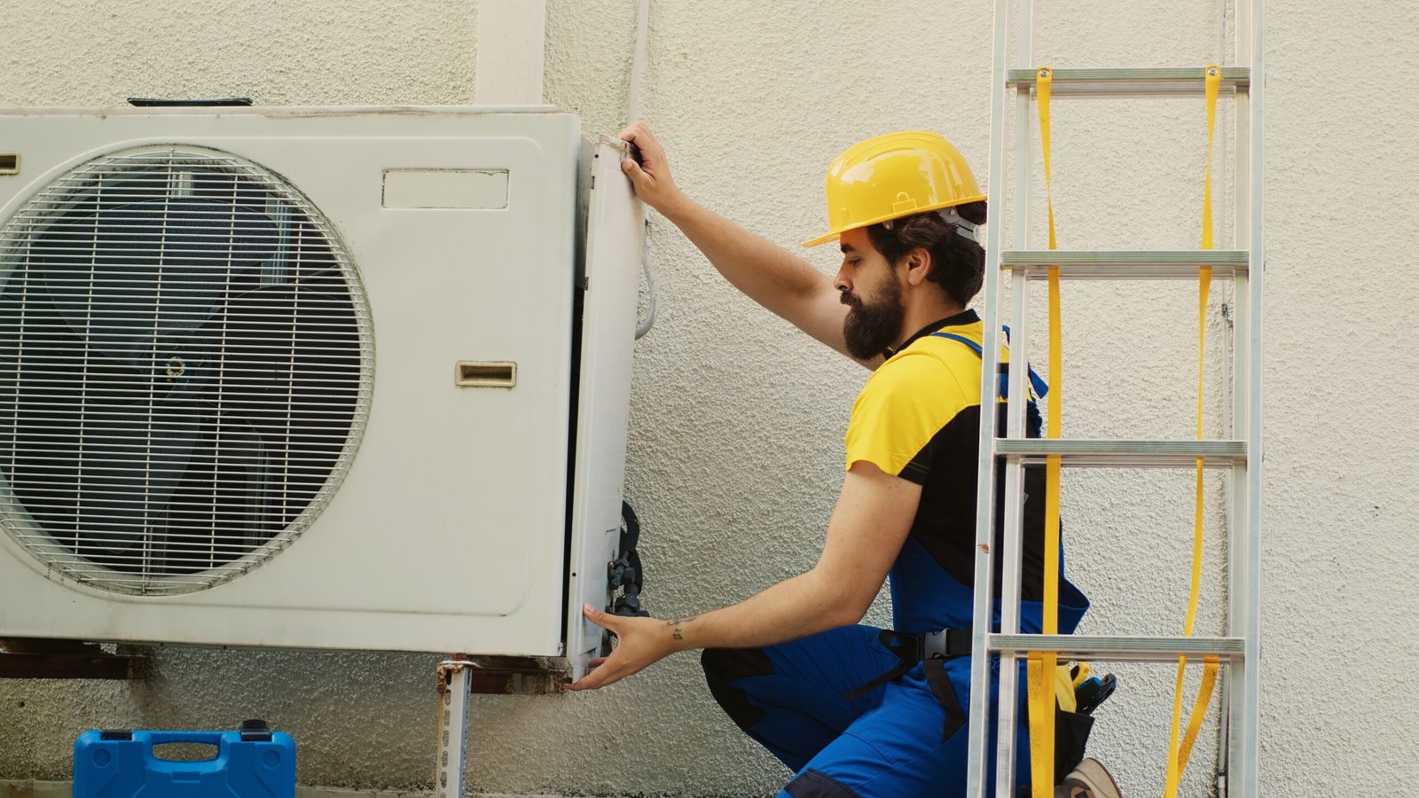 Technician working on air conditioner unit.