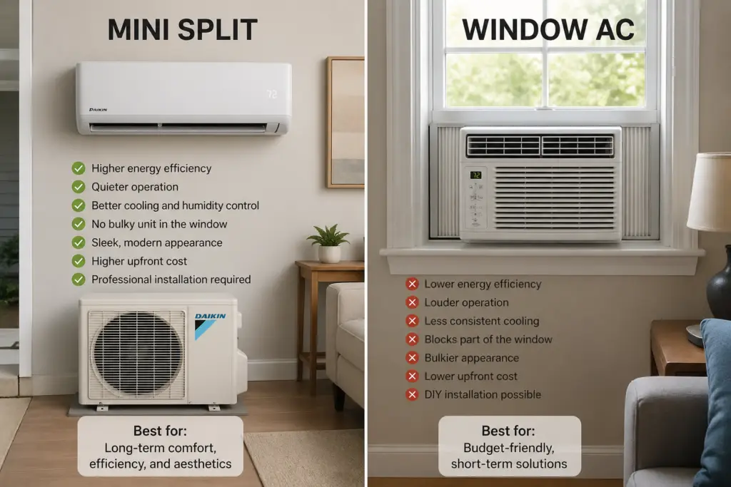 Side-by-side comparison of a wall-mounted mini split air conditioner and a window AC unit, showing their features, pros, and best use cases in a modern home setting.